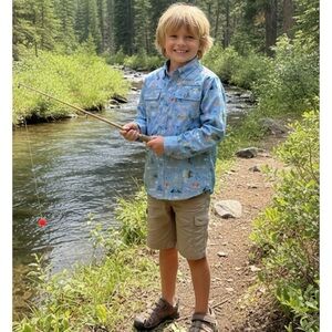 Blue and Orange Button Down Shirt with Whimsical Print